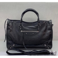 Best Price Balenciaga Le City Large Bag in Arena Storico lambskin 49013 Black shiny silver hardware 2025