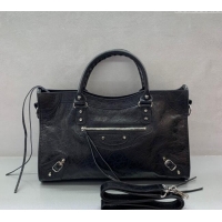 Inexpensive Balenciaga Le City Medium Bag in Arena Storico lambskin 49014 Black shiny silver hardware 2025