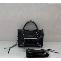 Low Cost Balenciaga Le City Mini Bag in Arena Storico lambskin 49016 Black shiny silver hardware 2025