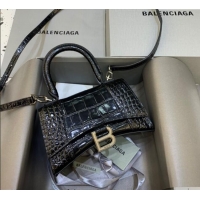 Promotional Balenciaga Hourglass Mini Top Handle Bag in Crocodile Embossed Calfskin 26070 Black/Silver 2025