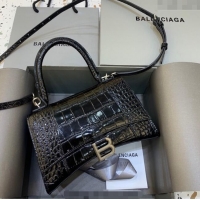 Big Discount Balenciaga Hourglass Small Top Handle Bag in Crocodile Embossed Calfskin 26071 Black/Silver 2025