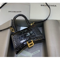 Super Quality Balenciaga Hourglass Mini Top Handle Bag in Crocodile Embossed Calfskin 26070 Black/Gold 2025