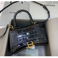 Pretty Style Balenciaga Hourglass Small Top Handle Bag in Crocodile Embossed Calfskin 26071 Black/Gold 2025