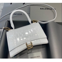 Cheap Price Balenciaga Hourglass Small Top Handle Bag in Crocodile Embossed Calfskin 26071 White/Gold 2025