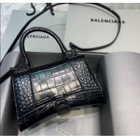 Most Popular Balenciaga Hourglass Small Top Handle Bag in Crocodile Embossed Calfskin 26071 All Black 2025