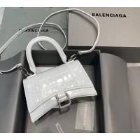 Best Price Balenciaga Hourglass Mini Top Handle Bag in Crocodile Embossed Calfskin 26078 White/Silver 2025