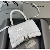 Promotional Balenciaga Hourglass Small Top Handle Bag in Crocodile Embossed Calfskin 26079 White/Silver 2025