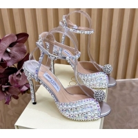 Luxury Discount Jimmy Choo Sacora Heel Sandals 10.5cm with Pearls and Strass Silver 1031023