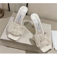 Luxury Jimmy Choo Cary Heel Slides Sandal 7cm in Satin with Pearl Embellishments White 1031024