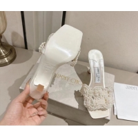 Luxury Jimmy Choo Cary Heel Slides Sandal 7cm in Satin with Pearl Embellishments White 1031024