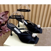 Luxury Jimmy Choo Siva Heel Sandals 8.5cm in Satin with Pearl Black 1031029