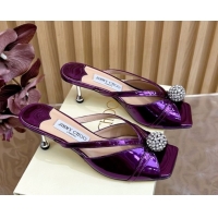 Best Product Jimmy Choo Siva Heel Slides Sandal 6.5cm in Glazed Leather with Strass Purple 2025 JC103102