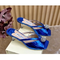 Best Grade Jimmy Choo Siva Heel Slides Sandal 6.5cm in Glazed Leather with Strass Royal Blue 2025 JC103102