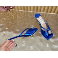Best Grade Jimmy Choo Siva Heel Slides Sandal 6.5cm in Glazed Leather with Strass Royal Blue 2025 JC103102