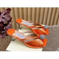 Most Popular Jimmy Choo Siva Heel Slides Sandal 6.5cm in Glazed Leather with Strass Orange 2025 JC103102