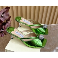 Pretty Style Jimmy Choo Siva Heel Slides Sandal 6.5cm in Glazed Leather with Strass Green 2025 JC103102