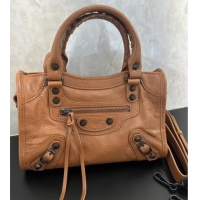 Top Quality Balenciaga Le City Mini Bag in Arena Storico lambskin leather 0926 Camel Brown 2025