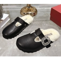 Sumptuous Roger Vivier Slidy Viv' Mules 2.5cm in Leather and Wool with Strass Buckle Black 1030060