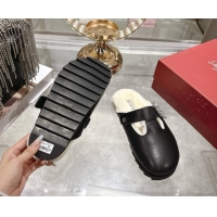 Sumptuous Roger Vivier Slidy Viv' Mules 2.5cm in Leather and Wool with Strass Buckle Black 1030060