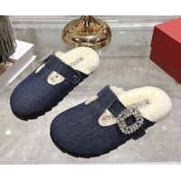 1:1 aaaaa Roger Vivier Slidy Viv' Mules 2.5cm in Denim and Wool with Strass Buckle Blue 030061