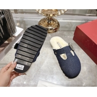 1:1 aaaaa Roger Vivier Slidy Viv' Mules 2.5cm in Denim and Wool with Strass Buckle Blue 030061