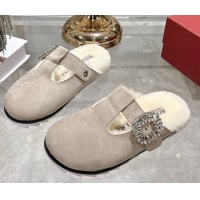 1:1 Roger Vivier Slidy Viv' Mules 2.5cm in Suede and Wool with Strass Buckle Grey 1030062