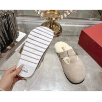 1:1 Roger Vivier Slidy Viv' Mules 2.5cm in Suede and Wool with Strass Buckle Grey 1030062