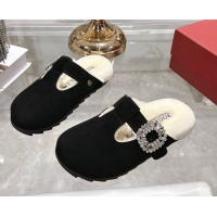 Duplicate Roger Vivier Slidy Viv' Mules 2.5cm in Suede and Wool with Strass Buckle Black 1030063
