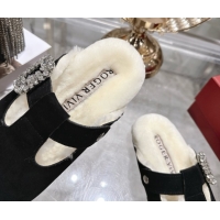 Duplicate Roger Vivier Slidy Viv' Mules 2.5cm in Suede and Wool with Strass Buckle Black 1030063