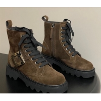 Stylish Roger Vivier Viv' Rangers Truck Ankle Boots 5cm in Suede with Metal-Tone Buckle Brown 1030065