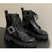 Sophisticated Roger Vivier Viv' Rangers Truck Ankle Boots 5cm in Shiny Leather with Strass Buckle Black 1030066