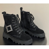 Perfect Roger Vivier Viv' Rangers Truck Ankle Boots 5cm in Suede with Strass Buckle Black 1030067
