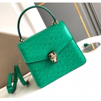 Best Design Bvlgari Serpenti Forever Small Top Handle Bag in Ostrich Pattern Calf Leather 30021 Green 2024