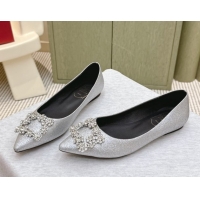 Popular Style Roger Vivier Efflorescence Jewel Ballerinas Flat in Silver Glitter 1030107