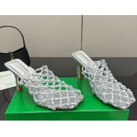 Stylish Bottega Veneta Riva Heel Mules 9cm in Woven Knotted Leather with Frog Charm Silver 50823002