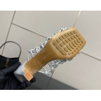 Stylish Bottega Veneta Riva Heel Mules 9cm in Woven Knotted Leather with Frog Charm Silver 50823002