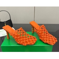Good Quality Bottega Veneta Riva Heel Mules 9cm in Woven Knotted Leather with Frog Charm Orange 50823003