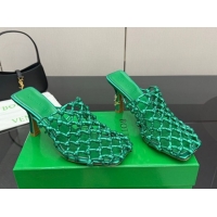 Best Price Bottega Veneta Riva Heel Mules 9cm in Woven Knotted Leather with Frog Charm Green 50823004