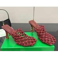 Pretty Style Bottega Veneta Riva Heel Mules 9cm in Woven Knotted Leather with Frog Charm Burgundy 0823005