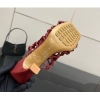 Pretty Style Bottega Veneta Riva Heel Mules 9cm in Woven Knotted Leather with Frog Charm Burgundy 0823005