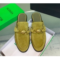 Top Design Bottega Veneta Astaire Flat Mules in Suede with Knot Green/Gold 0823046