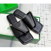 Discount Bottega Veneta Solstice Flat Thong Slides Sandal in Calfskin Leather Black 0823062