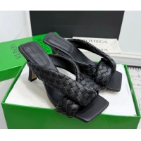 Sumptuous Bottega Veneta Riva Heel Slides Sandal 9cm in Woven Leather Black 1027155