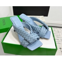 Stylish Bottega Veneta Riva Heel Slides Sandal 9cm in Woven Leather Light Blue 1027157