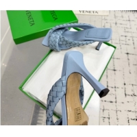 Stylish Bottega Veneta Riva Heel Slides Sandal 9cm in Woven Leather Light Blue 1027157