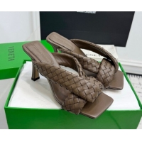 Top Grade Bottega Veneta Riva Heel Slides Sandal 9cm in Woven Leather Brown 1027158