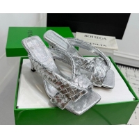 Perfect Bottega Veneta Riva Heel Slides Sandal 9cm in Woven Leather Silver 1027159