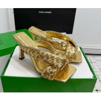 Classic Hot Bottega Veneta Riva Heel Slides Sandal 9cm in Woven Leather Gold 1027160