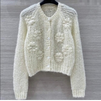 Top Design Celine Mohair and Wool Cardigan with Flower 1014 White 2025