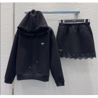 Promotional Prada Sweatshirt and Mini Skirt Set with Lace Trim PR090402 Black 2025